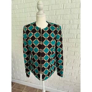 Kasper Blazer Women 6 Teal Black Diamond Print Excellent Open Front Jacket
